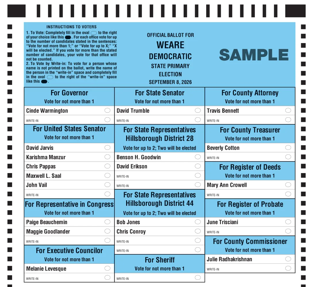 Preview of the blank Weare Democratic sample ballot