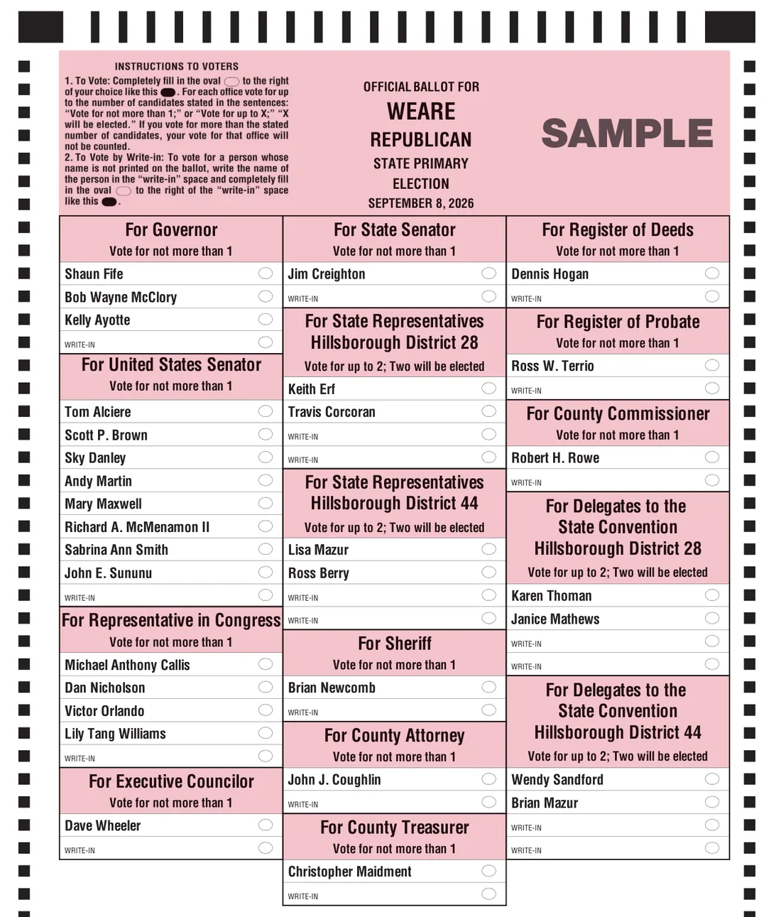 Preview of the blank Weare Republican sample ballot
